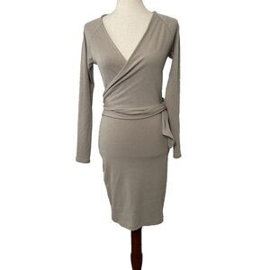 VICI Womens Ribbed Knit Wrap Dress Taupe Long Sleeve Small Bodycon Form Fitting